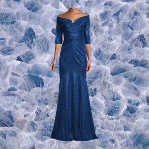 Rene Ruiz Metallic Blue Off the Shoulder Gown Size 10
